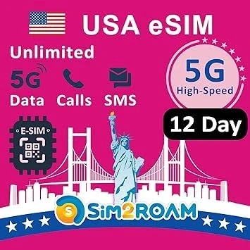 Afbeelding van SIM2ROAM USA Prepaid eSIM kaartOnbeperkt 5G/4G internetgegevens in de VS (inclusief haawaii Low Speed Data Canada en MexicoOnbeperkt bellen sms&#039;en onder VS, CA MXHervulbaar (12dagen)