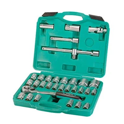 Afbeelding van Dopsleutelset 32 delig met bougiedoppen I 1/2&quot; motorvoertuigen set ratel en adapter van chroom vanadium staal WIESEMANN 1893 Verwisselbare dopsleutels zeskant twaalfkant in gereedschapskoffer 80096