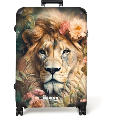 Afbeelding van NoBoringSuitcases.com® Koffer groot Reiskoffer lichtgewicht Leeuwenkop omringd door bloemen Rolkoffer met 4 wielen Grote trolley XL 98 liter bagage