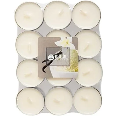 Afbeelding van Müller Kerzen Theelichten geurkaarsen 39 x 15 mm brandduur 4 uur waskaarsen anti druppel, aluminium container (vanille, 24 stuks), ivoor