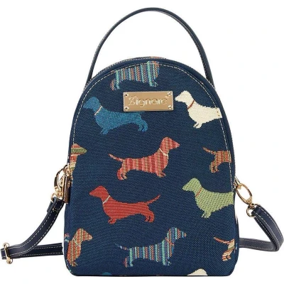 Afbeelding van Signare Mini Backpack Rugtas Schoudertas luxe Gobelinstof Dachshund Teckel Donker Blauw