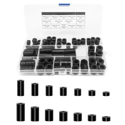 Afbeelding van 80 stuks ABS ronde afstandsring assortimentskit, M6 M8 schroeven nylon niet schroefdraad kolom afstandhouders met plastic doos (zwart)