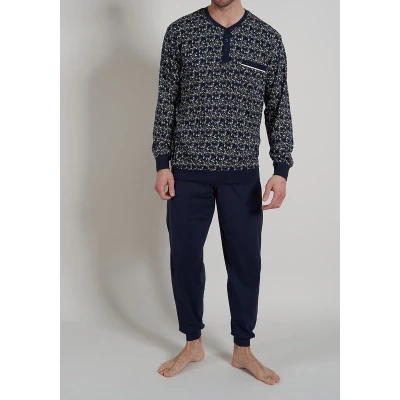 Afbeelding van Gotzburg heren pyjama O hals met knoopjes middenblauw dessin