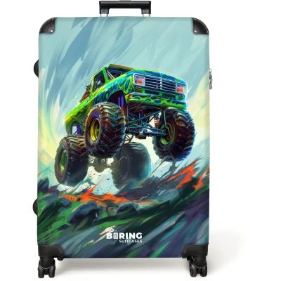 Afbeelding van NoBoringSuitcases.com® Koffer groot Reiskoffer lichtgewicht Groene monstertruck met penseelstreken Rolkoffer 4 wielen Grote trolley XL 98 liter bagage