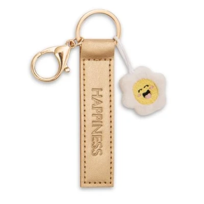 Afbeelding van sleutelhanger “Happiness imitatieleer bandje 10cm met bloem goud Een trouwe metgezel voor rugzak of tas, jong en oud 62008