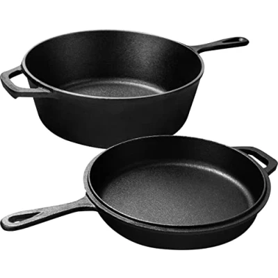 Afbeelding van KICHLY Voorgezouten Hollandse Oven Vuurpot Grilpannen met dubbele functie Veilige Gietijzeren Combikoker voor Kachel, Kamperen, Binnen en Buiten 3L/3,2 Kwart Kookset (2 in 1)
