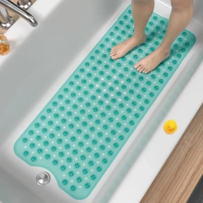 Afbeelding van HITSLAM Antislip badmat voor bad, 101 x 40 cm extra lange douchemat, antischimmel, machinewasbare badkamer met zuignappen en afvoergaten, zacht op de voeten, helder groen