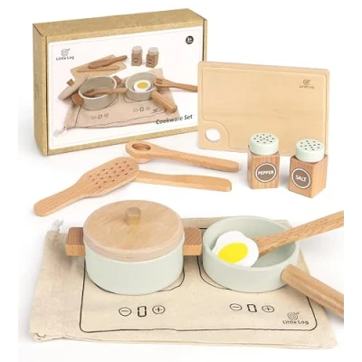 Afbeelding van Little Log Houten kookgerei Potten en pannen Set Kookset voor Kinderen spelen Keukenaccessoires Doen alsof rollenspel Voedsel Speelgoed Cadeaus jongens Meisjes vanaf 3 jaar