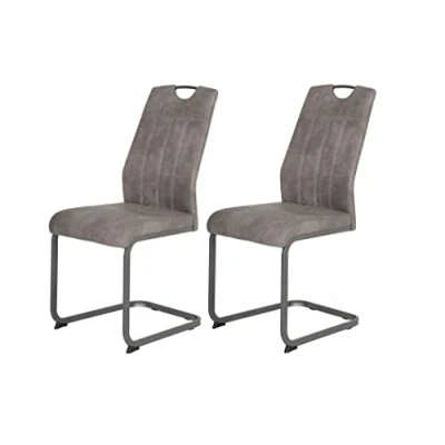 Afbeelding van Apollo Christina, set van 2 eetkamerstoelen, schommelstoel, microvezel, vintage look, grijs, metalen frame, rugleuning met handvat
