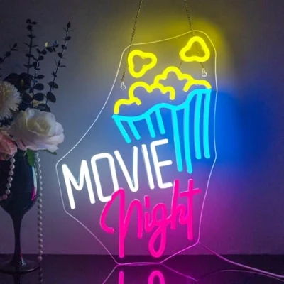 Afbeelding van Looklight Movie Night met popcorn, neonbord, bioscoop, led, neonborden voor wanddecoratie, lichtbord, filmtijd, neonlicht, zakelijk, feest