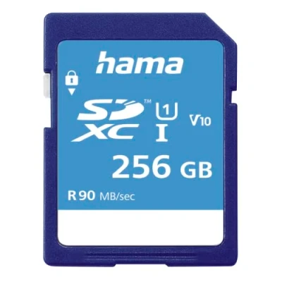 Afbeelding van Hama 256 GB SDXC geheugenkaart, klasse 10, V10, UHS I (tot 90 MB/s, voor full HD en 3D video opnames, bijv. digitale camera, camcorder, videocamera, met schrijfbescherming) kaart