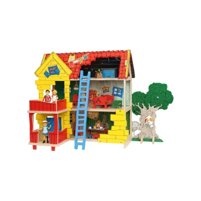 Afbeelding van Pippi Langstrumpf Poppenhuis bouwpakket van hout, miniatuur huis met 2 verdiepingen, speelgoed voor meisjes en jongens vanaf 4 jaar, mooi hoogwaardig Dollhouse (Villa Kunterbunt)