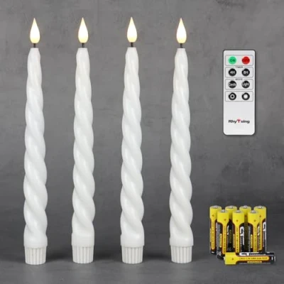 Afbeelding van Rhytsing 4 vlamloze ribbel led Dinerkaarsen wit met timer, realistisch Kandelaar twist design warmwit licht, Hoogte 24,5 cm, Afstandsbediening en Batterijen inbegrepen