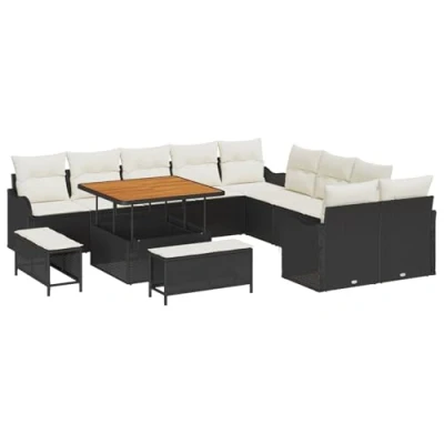 Afbeelding van vidaXL 13 delige Tuinset met Kussens Zwart Poly Rattan en Acacia