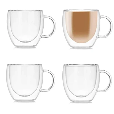 Afbeelding van Set van 4 dubbelwandige glazen koffiekopjes met handvat, kopjes voor espresso, latte, cappuccino (150 ml)