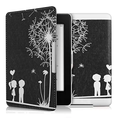 Afbeelding van kwmobile E reader hoesje geschikt voor Amazon Kindle Paperwhite hoes flip case met magnetische sluiting Ereader cover Paardenbloemen Liefde design in wit / zwart