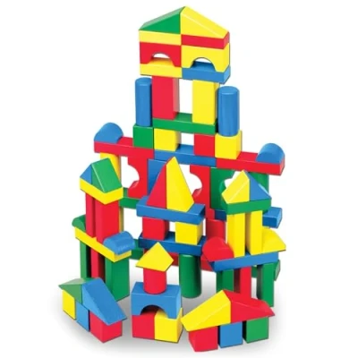 Afbeelding van Melissa &amp; Doug Set met Houten bouwblokken Speelgoed ontwikkelingsspeelgoed Bouwspeelgoed voor kinderen 100 blokken in 4 kleuren en 9 vormen 3+ Cadeau meisjes jongens