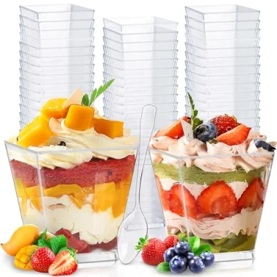 Afbeelding van Frasheng 60 stuks dessertglazen met lepels, 2oz/60ml, dessertbekers, dessertkomset, dessertkommen helder herbruikbaar, vierkante dessertbeker voor mousse, pudding, ijs, verjaardag