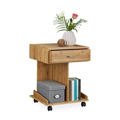 Afbeelding van Relaxdays bijzettafel op wieltjes nachtkastje bamboe telefoontafel salontafel lade
