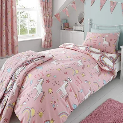 Afbeelding van Happy Linen Company Meisjes Kids Eenhoorns Regenbogen Roze Dubbel Omkeerbaar Dekbedovertrek Beddengoed Set