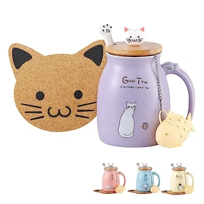 Afbeelding van BigNoseDeer Kat Mok Leuke Keramische Koffiekop met Mooie Kitty deksel Lepel,Ochtend Cup Thee Melk Kerst 380ML
