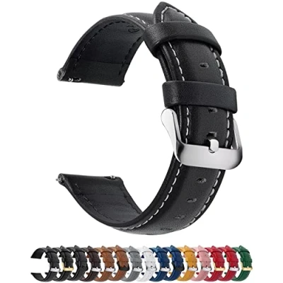 Afbeelding van Fullmosa horlogeband 14mm, Axus serie lederen band vervangende met roestvrijstalen metalen sluiting voor mannen vrouwen, Zwart + Zilveren Gesp