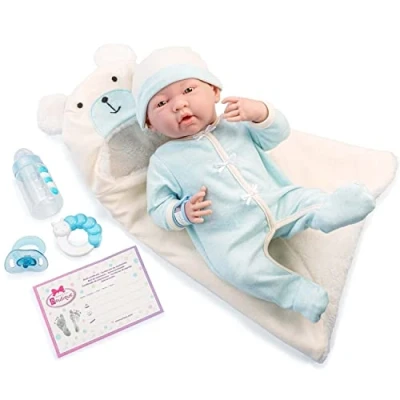 Afbeelding van JC TOYS La Newborn pop voor pasgeborenen, 38 cm, zacht lichaam, inclusief romper, zachte teddybeerdeken met capuchon en 4 accessoires, blauw, ontworpen in Spanje door Berenguer, 2 jaar