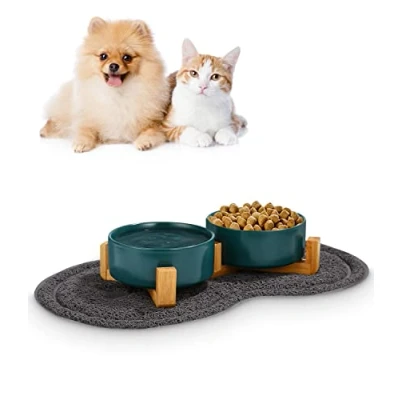 Afbeelding van JOFLVA Keramische voerbak voor honden en katten, dubbele met bamboestandaard antislip onderlegger (400 ml, 2 groen)