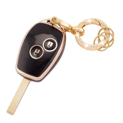 Afbeelding van Koaudb Autosleutelhanger Case 2 Knoppen TPU Key Protection met Sleutelhanger Geschikt voor Re nault Clio Kangoo Megane Laguna Modus Dacia Twingo Smart Shell Zwart Goud(R Rnl 2R B)