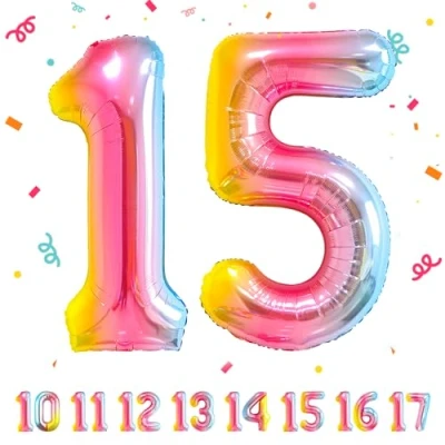 Afbeelding van Ballonnen voor verjaardag, 15 jaar, regenboog, 101 cm, ballon cijfer 15, opblaasbaar, van folie, decoratie verjaardag een man en vrouw, vliegen met helium