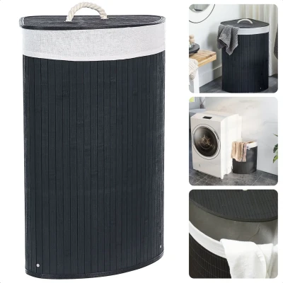 Afbeelding van Cheqo® Bamboe Wasmand Met Waszak Hoekmodel Wassorteerder Opvouwbaar 72L Zwart Deksel en Binnenzak