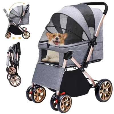 Afbeelding van DWVO 3 in 1 hondenbox, transporttas, hondenbuggy tot 22 kg inklapbaar, kattenwagen, 360 slijtvaste EVA wielen, opbergmand, netramen, bekerhouder, hondenwagen voor honden (grijs)