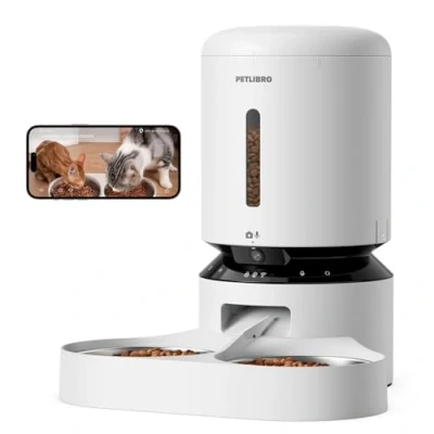 Afbeelding van PETLIBRO Droogvoerdispenser voor 2 katten, met 1080p camera, 5G en 2,4 G, wifi, automatisch voederstation dieren roestvrijstalen kommen, voerbak katten of honden, aangesloten app, wit