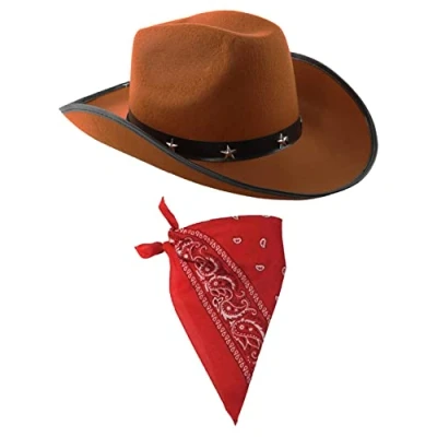 Afbeelding van COWBOY FANCY JURK ACCESSOIRES SET KOSTUUM BRUIN STUDDED HOED &amp; GEKLEURDE PAISLEY BANDANA WILD WEST WESTERN SHERIFF BANDANNA ILOVEFANCYDRESS® (RODE PAK VAN 1)