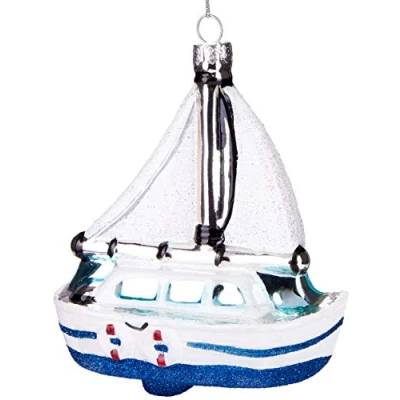 Afbeelding van BRUBAKER Witte Zeilboot Handbeschilderde Kerstbal van Glas Handgeblazen Kerstboomversieringen Figuren Grappige Decoratieve Hangers Boombal 12 cm
