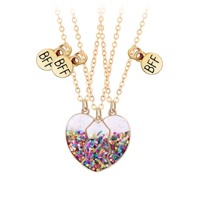 Afbeelding van Bixorp Friends BFF Ketting voor 3 met Glitter Hartje Goudkleurig Regenboog Vriendschapsketting Best Meisjes