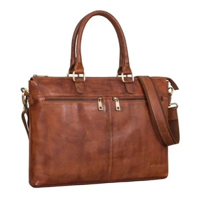Afbeelding van STILORD &#039;Bailey&#039; Business Laptop Bag Leer 15 inch Groot voor Werk Office vergadering Vintage Notebook Schoudertas Trolley Bevestigbaar, Kleur:brandy cognac