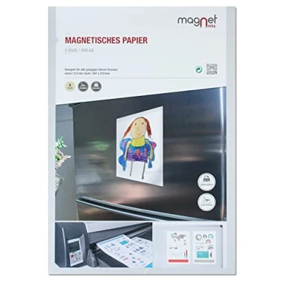 Afbeelding van Mag_250 Magneetpapier, 5 delige set, wit, DIN A4, doe het zelf, magnetische achterkant, bedrukbaar met gangbare inkjetprinter, om te beschrijven, bedrukken of als magnetisch fotopapier
