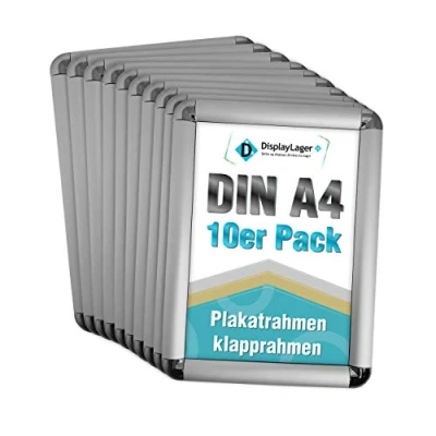Afbeelding van DisplayLager, Deense kwaliteit 10 stuks voordeelverpakking zilver DIN A4 Rondo vouwframe met 25 mm aluminium profiel, ontspiegelde beschermschijf, bevestigingsmateriaal