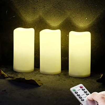 Afbeelding van NONNO&amp;ZGF 3 stuks waterdichte led kaarsen voor buiten, op batterijen, plastic met afstandsbediening/timerfunctie (warm wit licht), 7,5 cm x 15