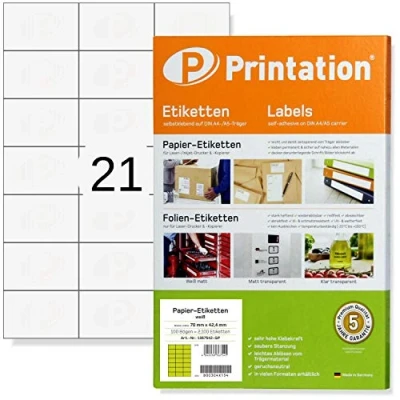 Afbeelding van Printation Universele etiketten 70 x 42,3 mm 525 zelfklevend wit op 25 DIN A4 vellen 3 7 21 per vel adreslabel internetmerk 4470 4361 labels/stickers