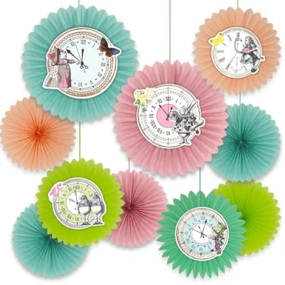 Afbeelding van Talking Tables 10 x Alice in Wonderland Curious Clock Fans Paper Hangende Decoratie voor Kinderverjaardagen, Mad Hatter Tea Party, Onederland, babyshower