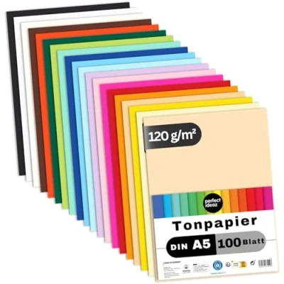 Afbeelding van perfect ideaz 100 vel gekleurd DIN A5 papier, tekenpapier, zet van 20 kleuren, gekleurde vellen in 120 g/m², knutselvel gekleurd, accessoires voor knutselen, materiaal, doe het zelf