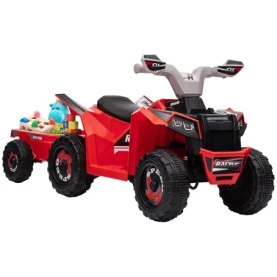 Afbeelding van HOMCOM elektrische quad voor kinderen, 6 V, kindervoertuig, auto met aanhanger, kinderen van 1,5 3 jaar, 2,5 km/u, metaal, 106 x 41,5 48,5 cm, rood