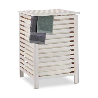 Afbeelding van Relaxdays wasmand hout wasbox wit walnotenhout met deksel opbergmand 52 L