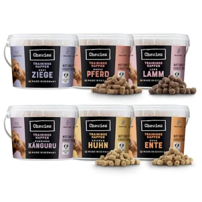 Afbeelding van Chewies Training Happen hondenlekkernijen mix probeerpakket graanvrij, zacht en zonder suiker monoprotein hondensnacks in hersluitbare emmer Made Germany (6 x 300 g)