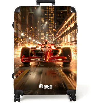 Afbeelding van NoBoringSuitcases.com® Koffer groot Reiskoffer lichtgewicht Rode raceauto in een verlichte stad bij nacht Rolkoffer met 4 wielen Grote trolley XL 98 liter bagage