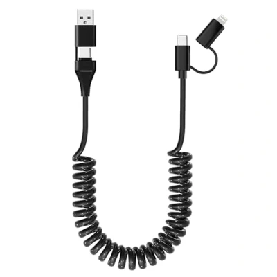 Afbeelding van 4 in 1 USB C/A naar Lightning/USB C spiraalkabel, 60 W, Apple Carplay en Android autokabel, multi oplaadkabel met gegevenssynchronisatie
