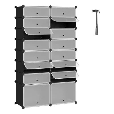 Afbeelding van WOLTU schoenenrek met deur DIY schoenenkast schoenenstandaard opslag rek garderobekast, 16 vakken, kunststof zwart SR0053sz+SR0053sz TR
