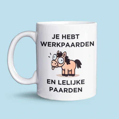 Afbeelding van NietMokken.nl Grappige Mok Werkpaarden en Lelijke Paarden Cadeau voor Collega&#039;s 325 ml